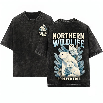 Retro Arctic Wildlife Polar Bear Fox Owl Winter Wilderness Nature Animal Lover Unisex Wash T-Shirt