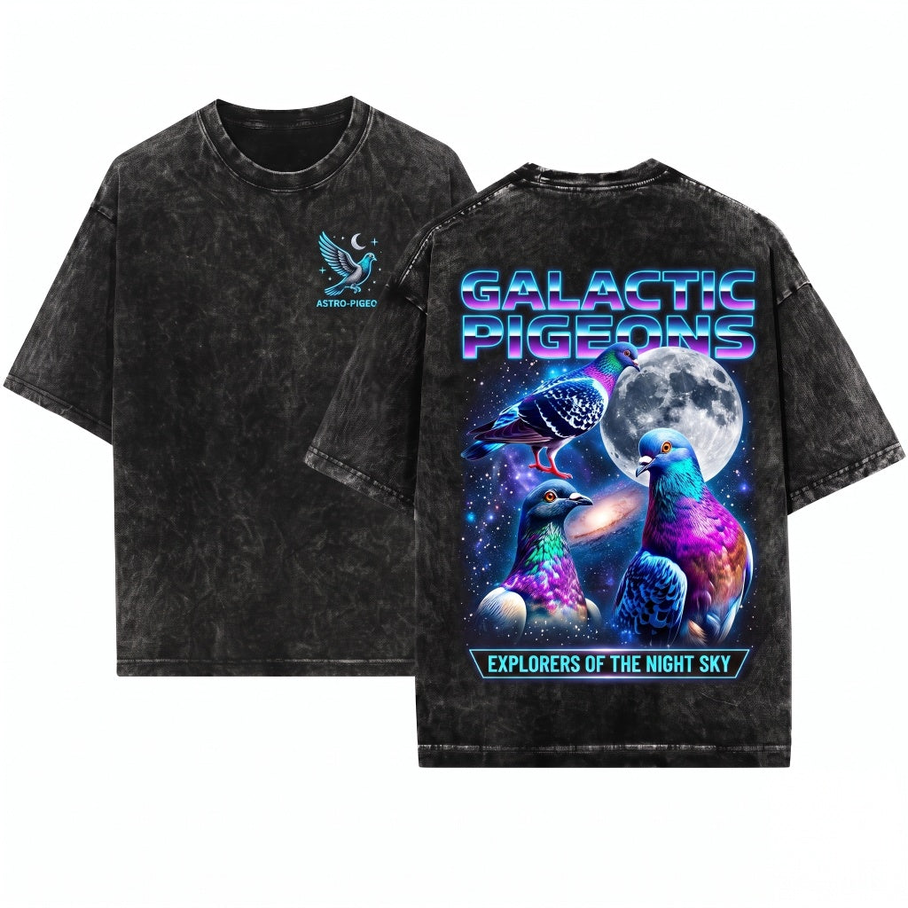 Three Pigeon Moon Cute Space Galaxy Colorful Urban City Wildlife Graphic Gift Kids Unisex Wash T-Shirt
