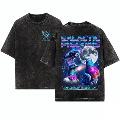 Three Pigeon Moon Cute Space Galaxy Colorful Urban City Wildlife Graphic Gift Kids Unisex Wash T-Shirt