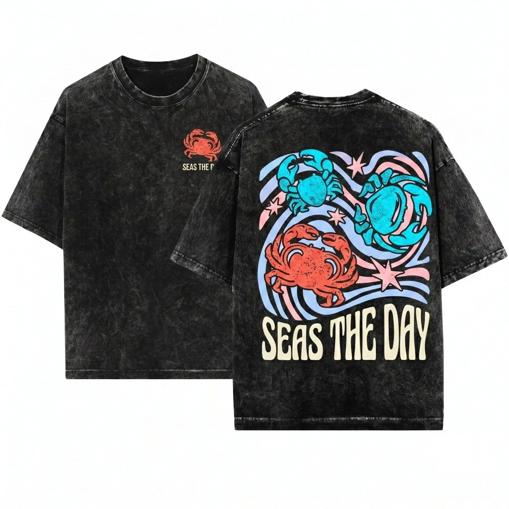 Funny Crab Graphic Seas The Day Ocean Beach Pun Humor Unisex Wash T-Shirt
