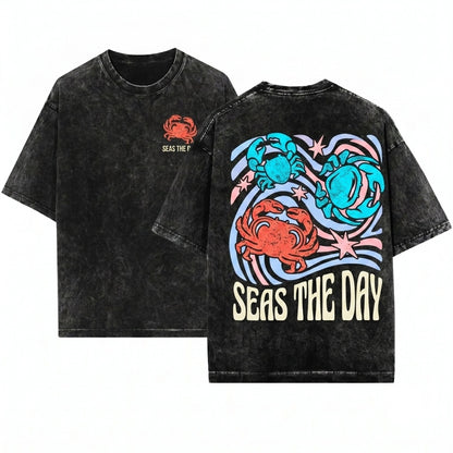 Funny Crab Graphic Seas The Day Ocean Beach Pun Humor Unisex Wash T-Shirt