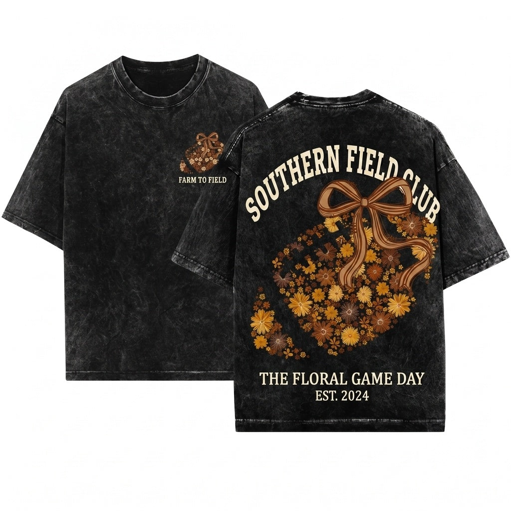 Retro Coquette Floral Fall Gameday Touchdown Tis The Season Football Unisex Wash T-Shirt