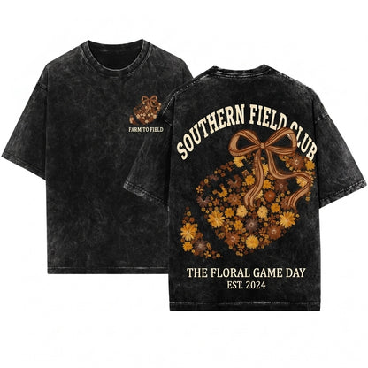 Retro Coquette Floral Fall Gameday Touchdown Tis The Season Football Unisex Wash T-Shirt