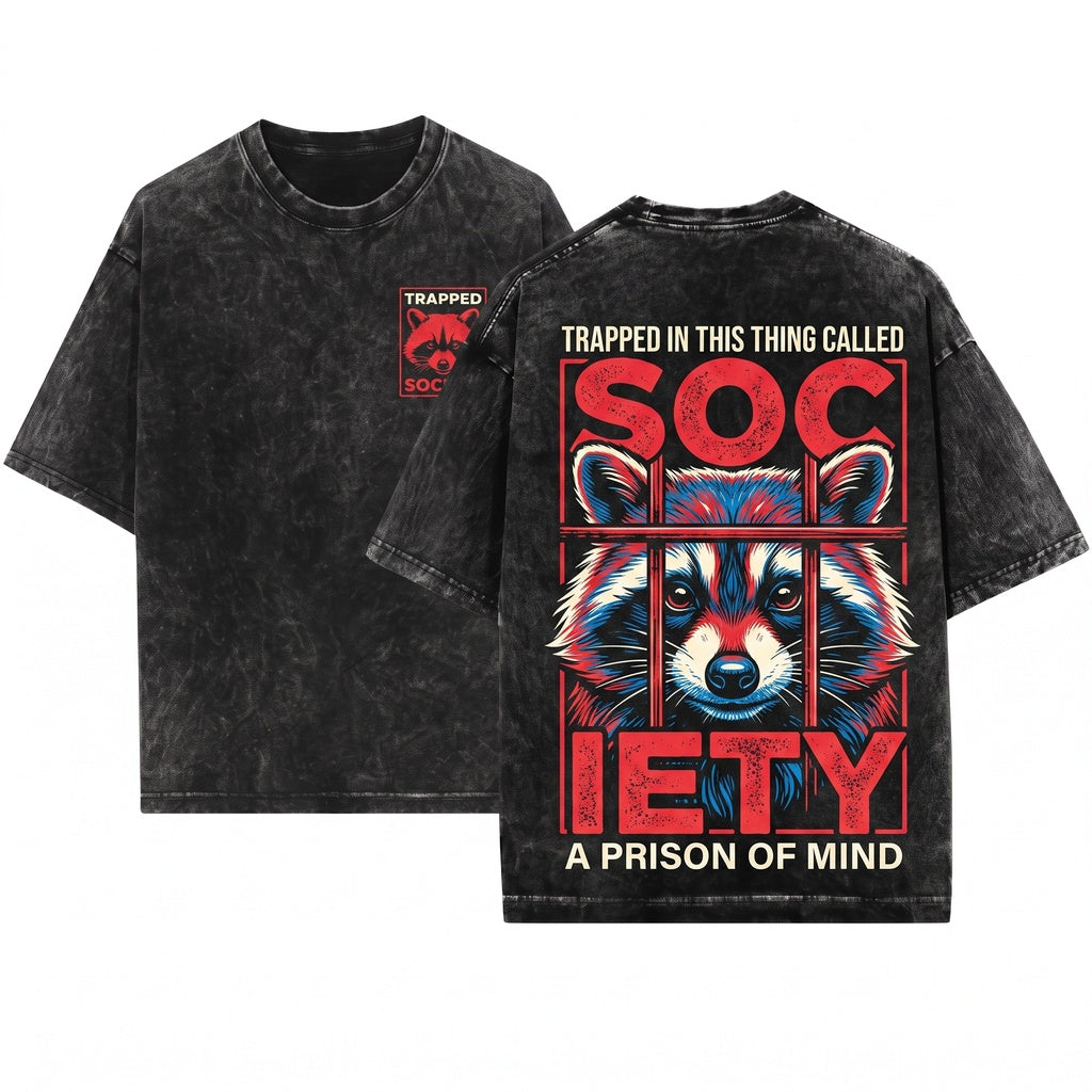 Japanese Graphic Raccoon Society Vintage Streetwear Apparel Unisex Wash T-Shirt