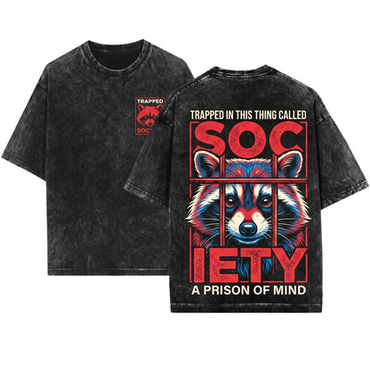 Japanese Graphic Raccoon Society Vintage Streetwear Apparel Unisex Wash T-Shirt
