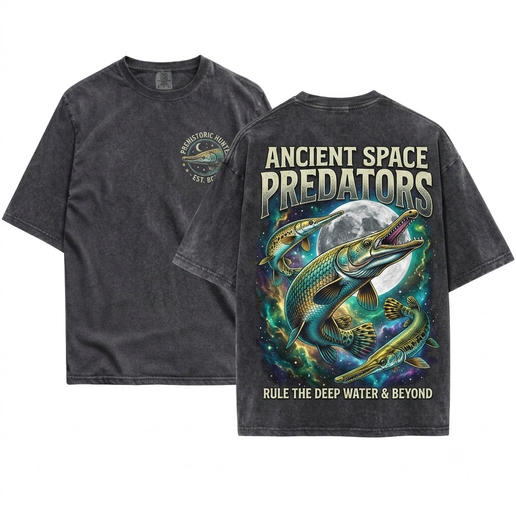 Three Alligator Gar Moon Galaxy Atractosteus Spatula Retro Aquarium Hobbyist Gift Aquatic Pet Graphic Unisex Wash T-Shirt