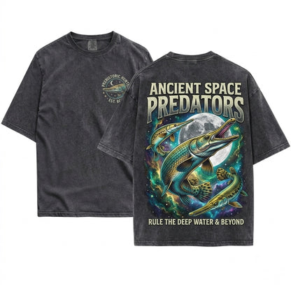 Three Alligator Gar Moon Galaxy Atractosteus Spatula Retro Aquarium Hobbyist Gift Aquatic Pet Graphic Unisex Wash T-Shirt