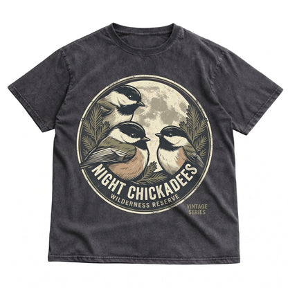 Three Black-Capped Chickadee Moon Funny 90s Vintage Aesthetic Graphic Retro Bird Parody Unisex TShirt
