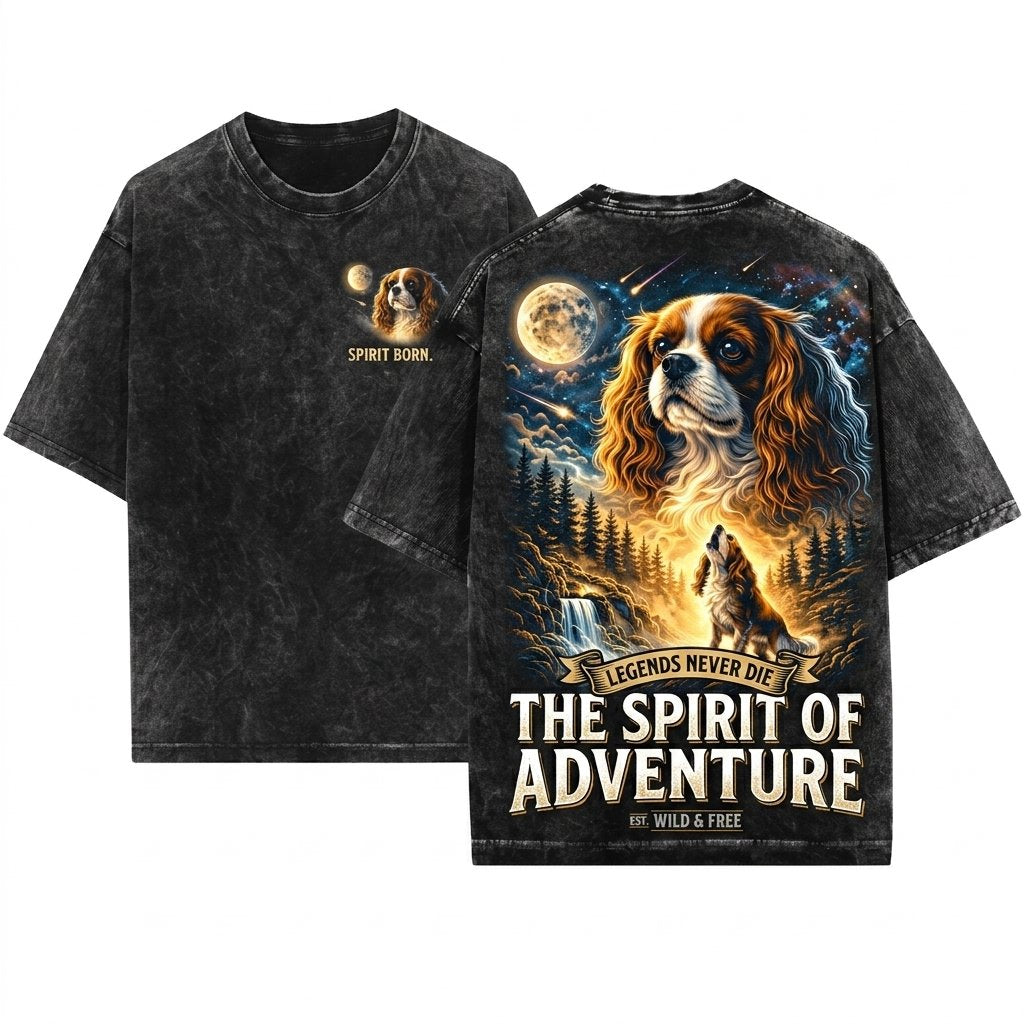 Cavalier King Charles Spaniel Howling Moon Vintage 90s Retro Animal Graphic Unisex Wash T-Shirt