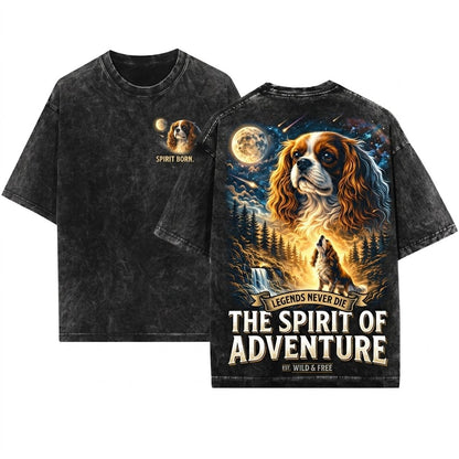 Cavalier King Charles Spaniel Howling Moon Vintage 90s Retro Animal Graphic Unisex Wash T-Shirt
