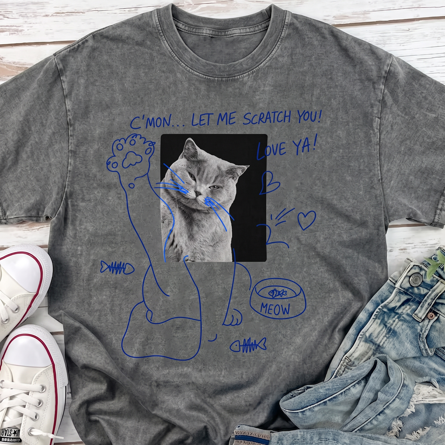 Custom Pet Portrait Graphic Comfort Colors Tee - Personalized Hand Drawn Cat Mom Dad Gift Unisex Heavyweight Garment-Dyed T-Shirt