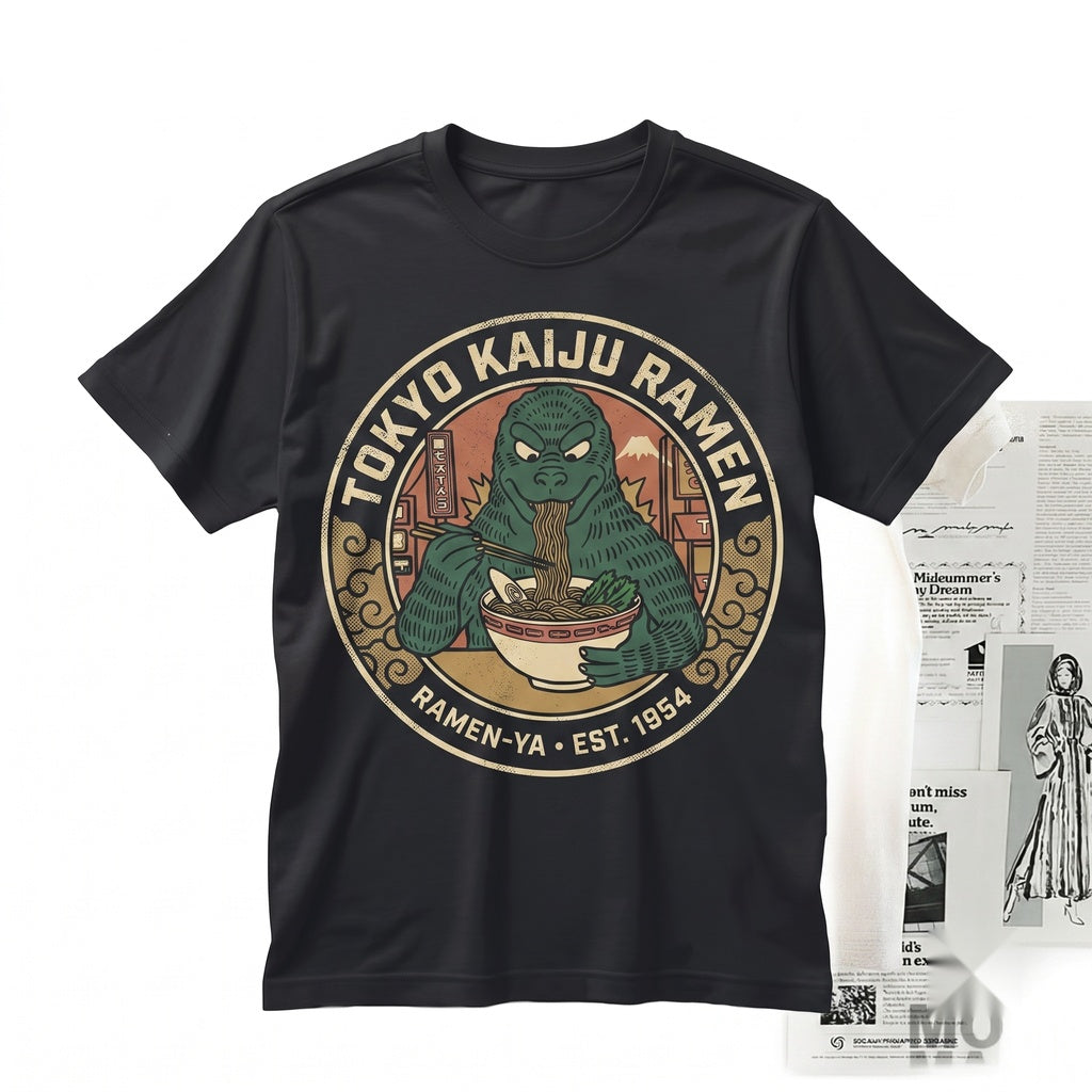 Tokyo Japanese Monster Kaiju Eating Ramen Vintage Graphic Print Cotton Unisex TShirt