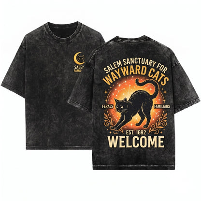 Salem Sanctuary Black Cat Vintage Witchy Halloween Unisex Wash T-Shirt
