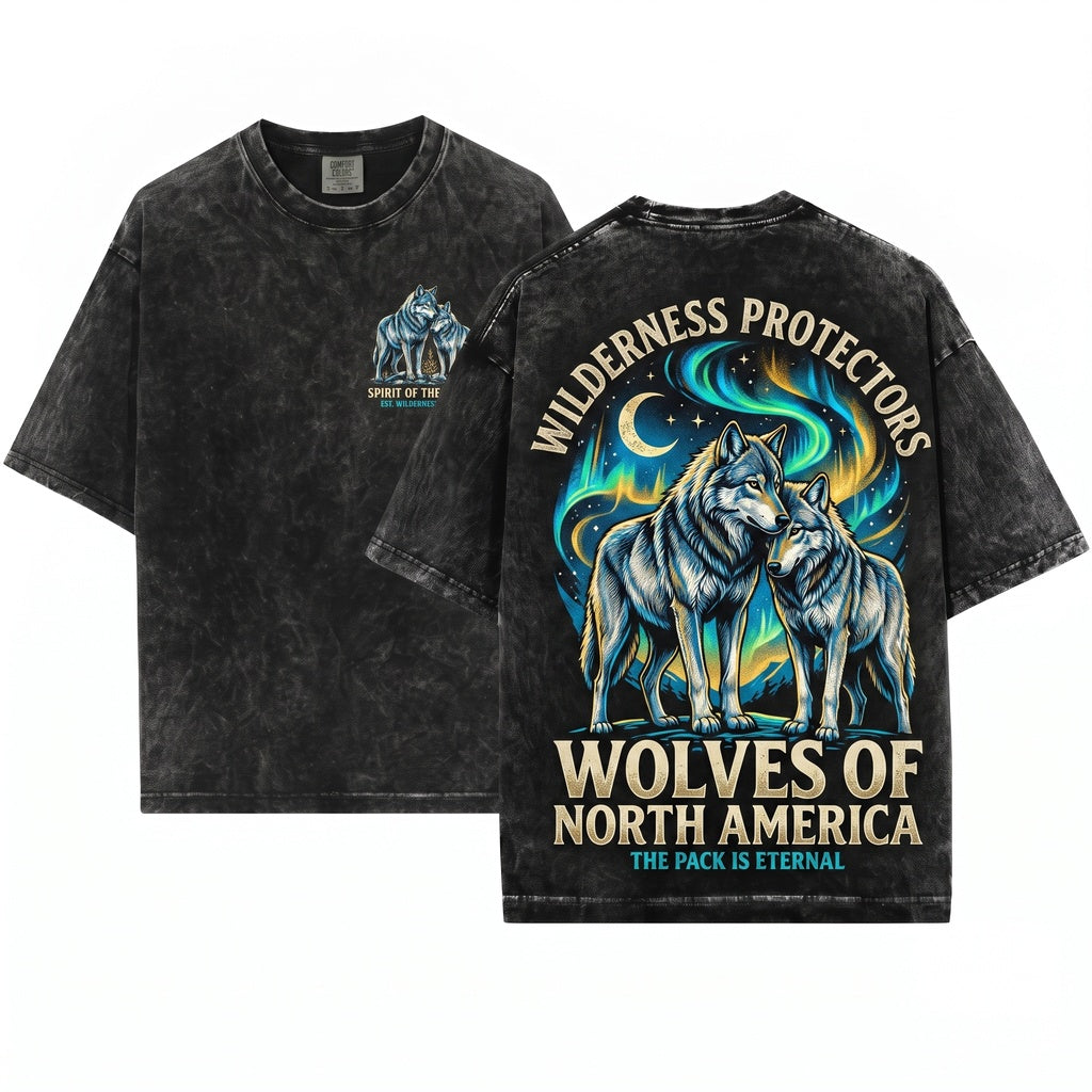 Vintage Rustic Woodland Wilderness Wildlife Wolf Couple Graphic Gift Unisex Wash T-Shirt