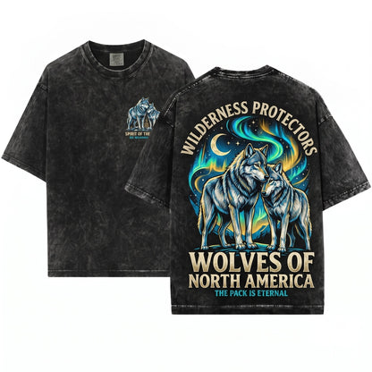 Vintage Rustic Woodland Wilderness Wildlife Wolf Couple Graphic Gift Unisex Wash T-Shirt