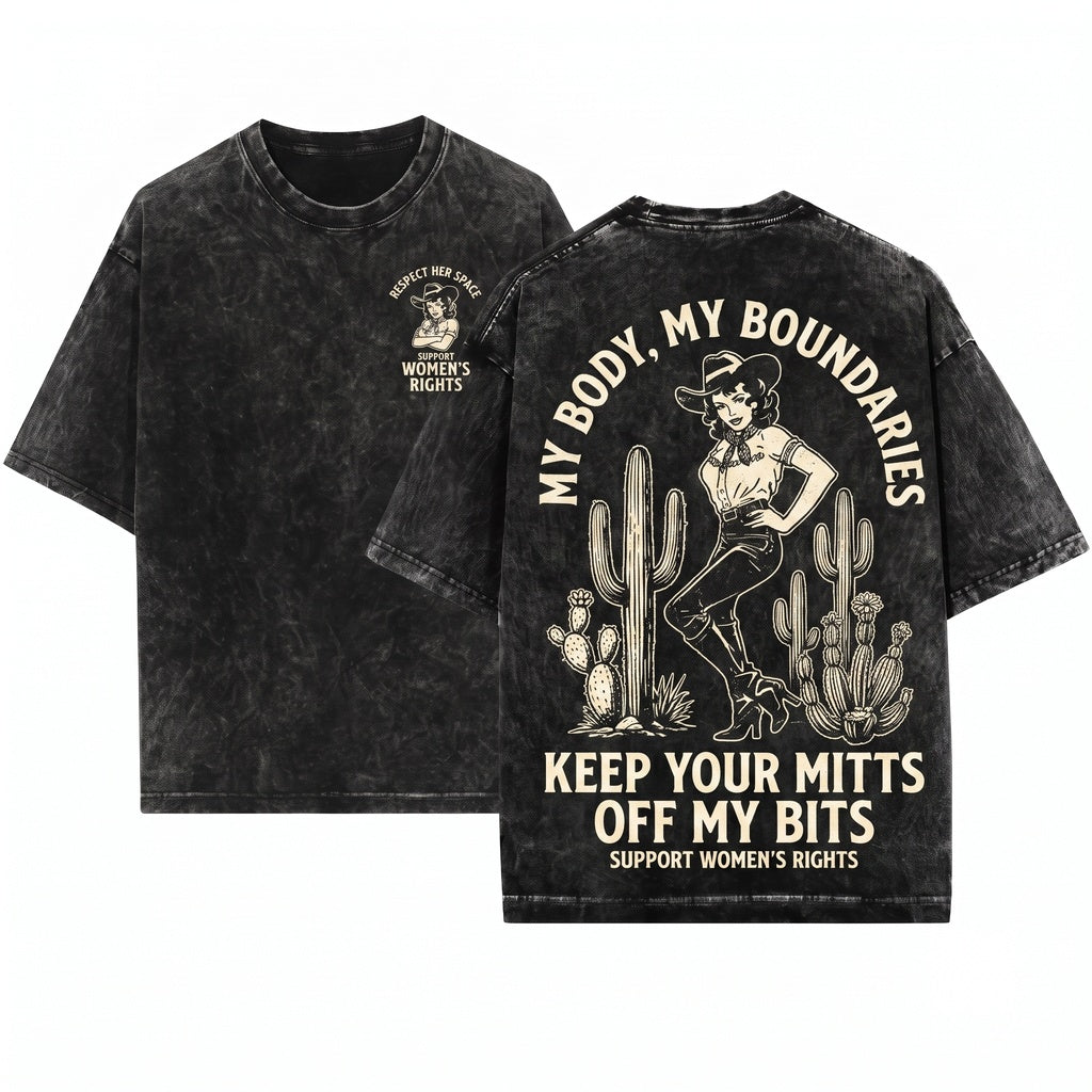 Keep Your Mitts Off My Bits Funny Feminist Cowgirl Western Graphic Top Unisex Wash T-Shirt