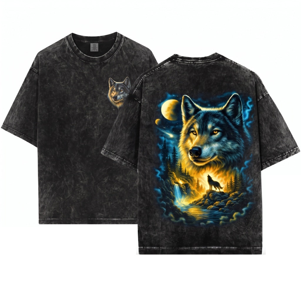 Vintage 90s Howling Wolf Graphic Grunge Retro Faded Nature Galaxy Y2k Streetwear 2000s Gift Unisex Wash T-Shirt