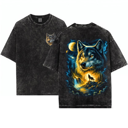 Vintage 90s Howling Wolf Graphic Grunge Retro Faded Nature Galaxy Y2k Streetwear 2000s Gift Unisex Wash T-Shirt
