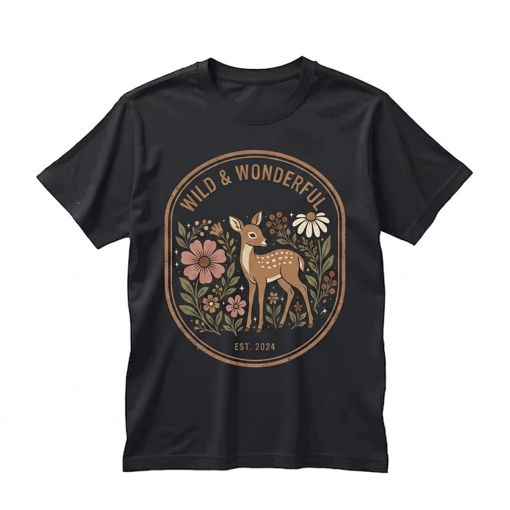 Moss Green Distressed Fawn Deer Floral Graphic Print Cotton Crewneck Unisex TShirt