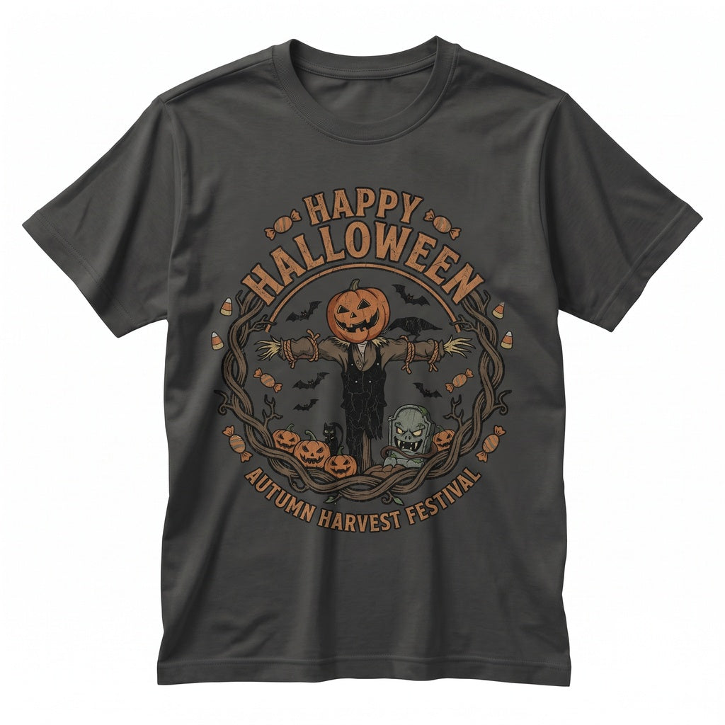 Vintage Happy Halloween Scarecrow Ghost Pumpkin Frankenstein Monster Hand Unisex TShirt