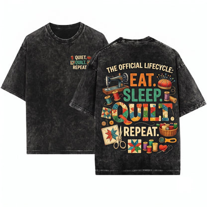 Eat Sleep Quilt Repeat Vintage Crafting Hobby Illustration Cotton Fabric Everyday Wear Unisex Wash T-Shirt