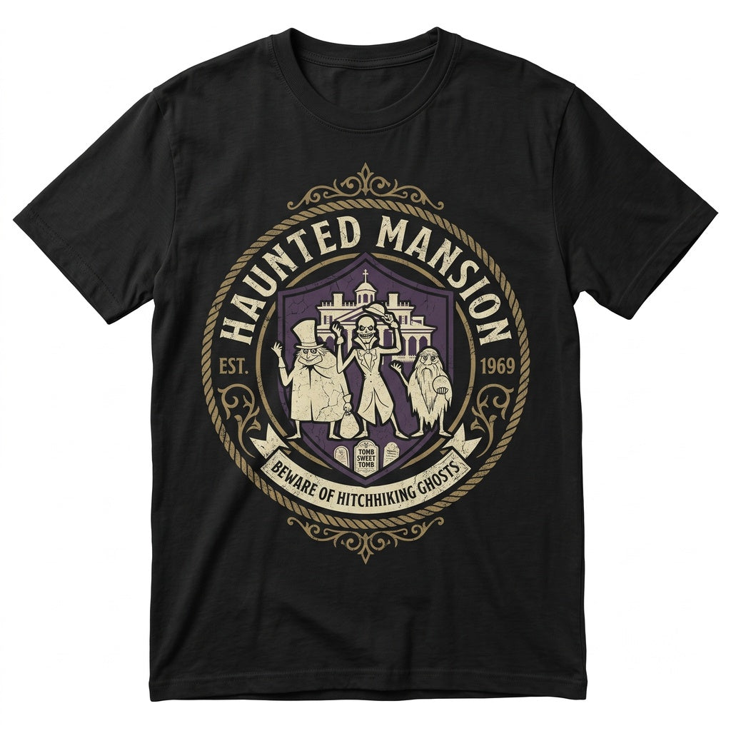Retro Vintage Spooky House Welcome Foolish Mortals Hitchhiking Phantom Madam Leota Halloween Graphic Top Unisex TShirt