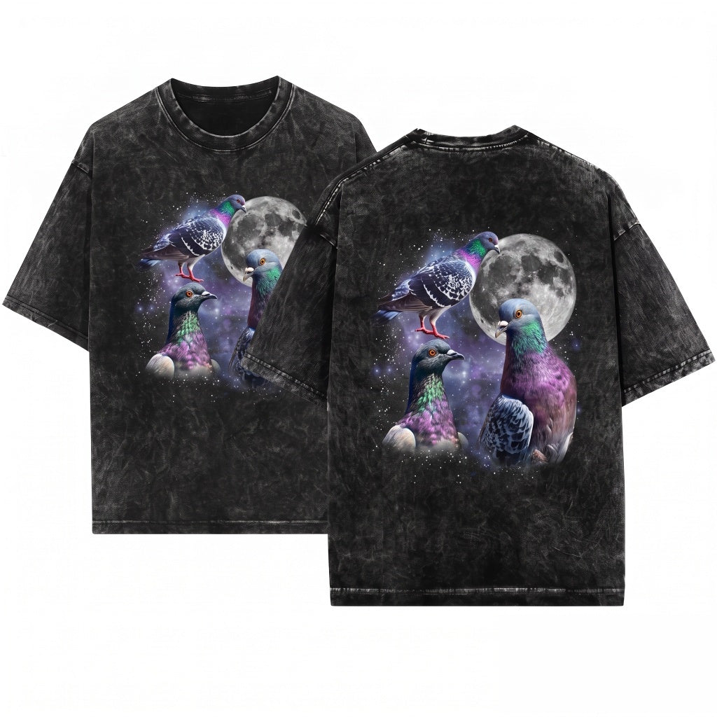 Three Pigeon Moon Cute Space Galaxy Colorful Urban City Wildlife Graphic Gift Kids Unisex Wash T-Shirt