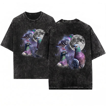 Three Pigeon Moon Cute Space Galaxy Colorful Urban City Wildlife Graphic Gift Kids Unisex Wash T-Shirt