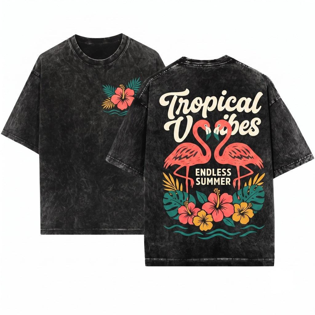 Flamingo Summer Graphic Front Back Print Oversized Pink Tropical Unisex Wash T-Shirt