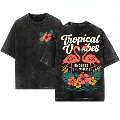 Flamingo Summer Graphic Front Back Print Oversized Pink Tropical Unisex Wash T-Shirt