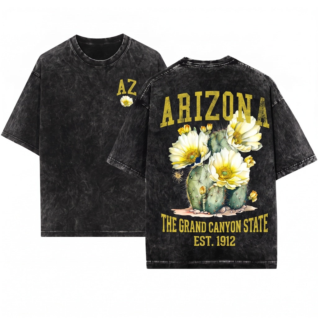 Arizona State Saguaro Cactus Flower Blossom Graphic Vintage Unisex Wash T-Shirt