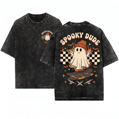 Spooky Dude Toddler Retro Groovy Cute Ghost Halloween Unisex Wash T-Shirt