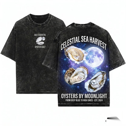Three Oyster Retro Moon Graphic Vintage Meme Lovers Funny Oversized Moister Unisex Wash T-Shirt