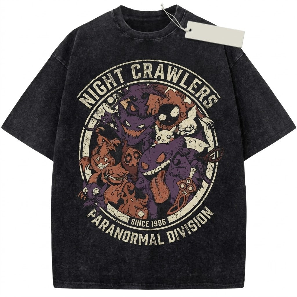 Vintage Wash Halloween Ghost Pocket Monster Anime Graphic Oversized Mineral Garment-Dyed Spooky Apparel Unisex TShirt