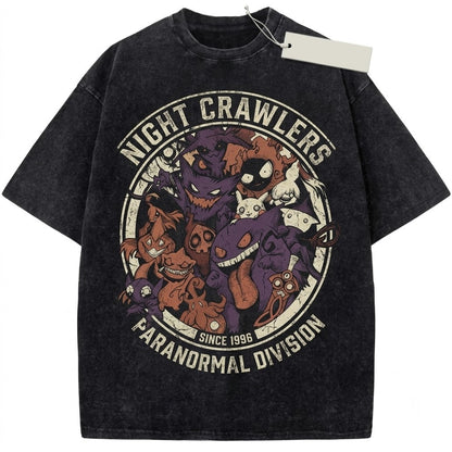 Vintage Wash Halloween Ghost Pocket Monster Anime Graphic Oversized Mineral Garment-Dyed Spooky Apparel Unisex TShirt