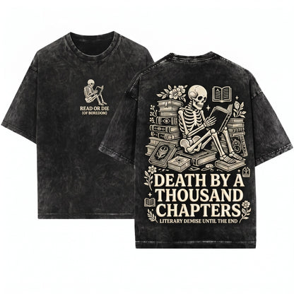 Embroidered Skeleton Reading Book Coffee Lover Spooky Fall Vibes Boo Basket Unisex Wash T-Shirt