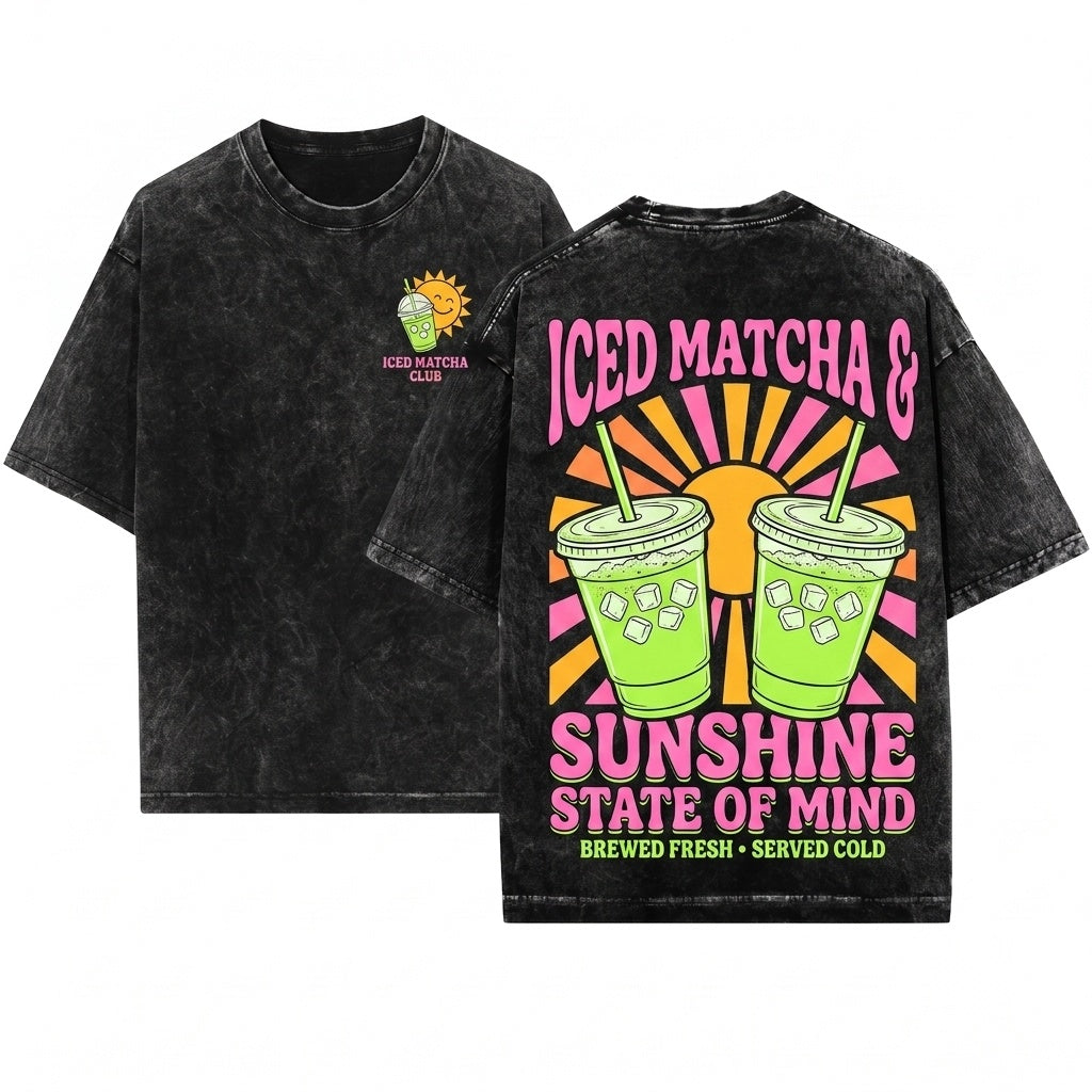Iced Matcha Sunshine Coffee Lover Summer Graphic Vibes Unisex Wash T-Shirt