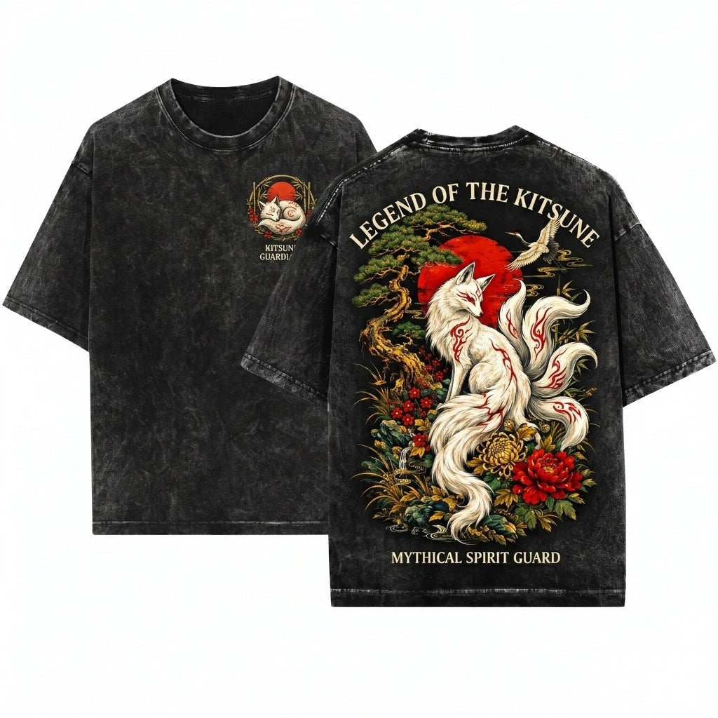 Japanese Fox Kitsune Graphic Vintage Floral Moon Nature Aesthetic Unisex Wash T-Shirt