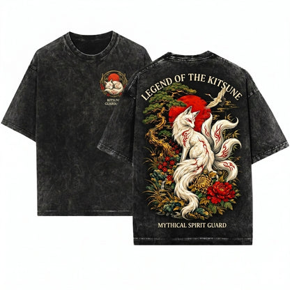 Japanese Fox Kitsune Graphic Vintage Floral Moon Nature Aesthetic Unisex Wash T-Shirt