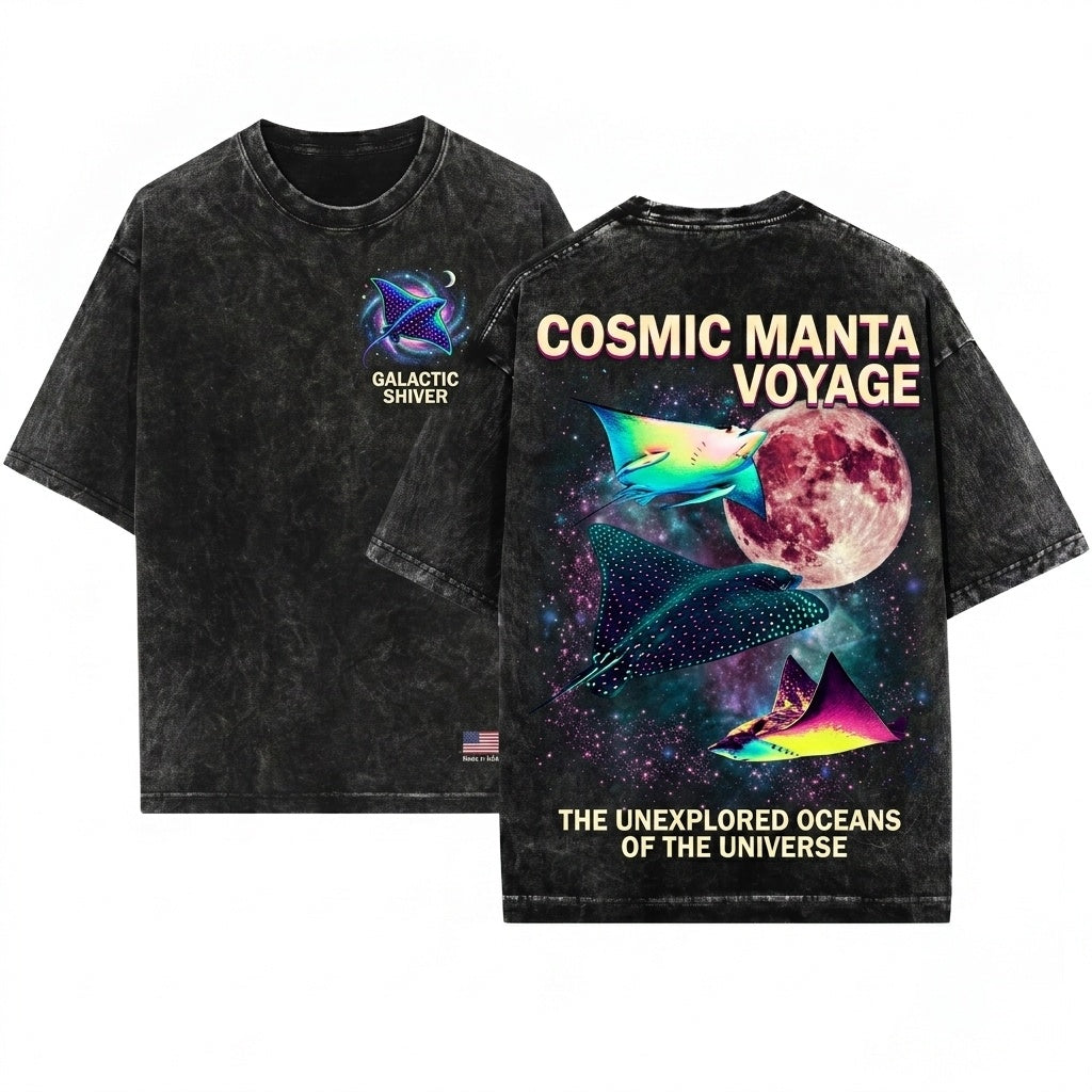 Colorful Three Spotted Eagle Ray Retro Ocean Moon Graphic Unisex Wash T-Shirt