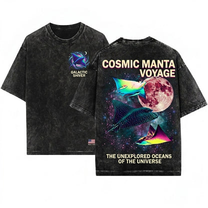 Colorful Three Spotted Eagle Ray Retro Ocean Moon Graphic Unisex Wash T-Shirt