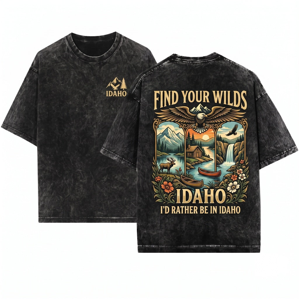 Rather Be In Idaho Wildlife Design Rustic Cabin & Waterfall Landscape Vintage Art Outdoor Adventure Nature Lover Gift Unisex Wash