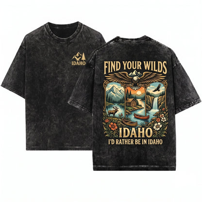 Rather Be In Idaho Wildlife Design Rustic Cabin & Waterfall Landscape Vintage Art Outdoor Adventure Nature Lover Gift Unisex Wash