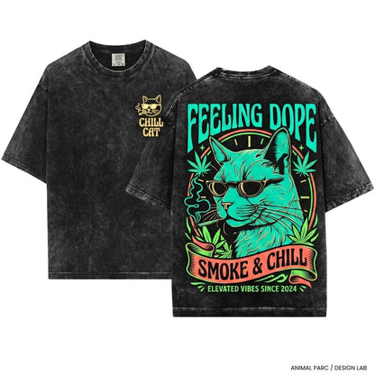 Feeling Dope Cat Weed Vintage 420 Getting High Sunglasses Gift Stoner Animals Smoking Unisex Wash T-Shirt