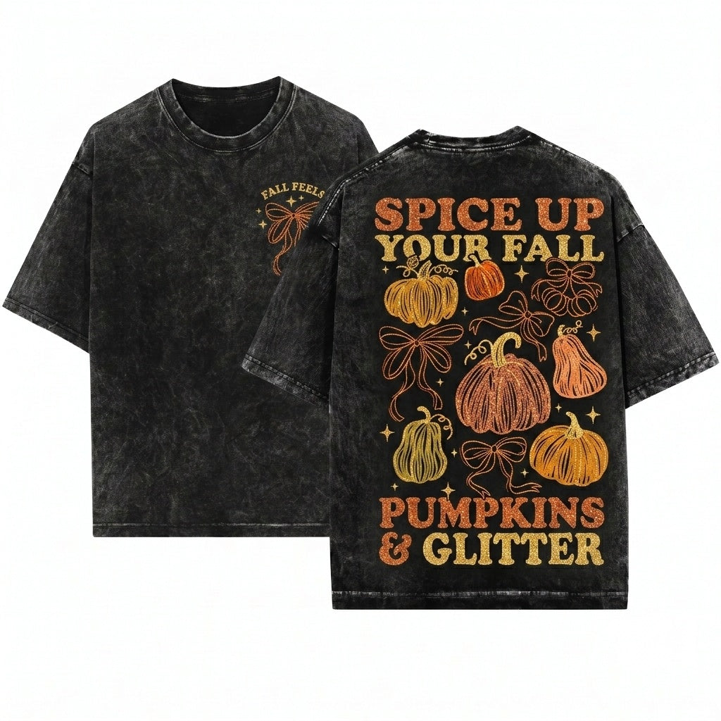Glitter Orange Bow Pumpkin Fall Harvest Thanksgiving Season Doodle Graphic Unisex Wash T-Shirt