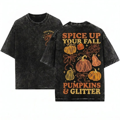 Glitter Orange Bow Pumpkin Fall Harvest Thanksgiving Season Doodle Graphic Unisex Wash T-Shirt