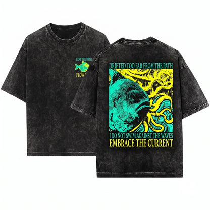 Drifted Too Far From The Path Vintage Japanese Fish Graphic Unisex Wash T-Shirt