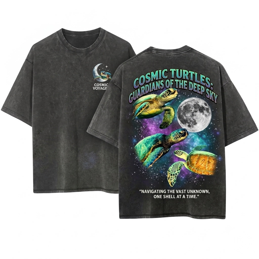 Three Sea Turtle Retro Vintage Moon Graphic Oversized Funny Gift Unisex Wash T-Shirt