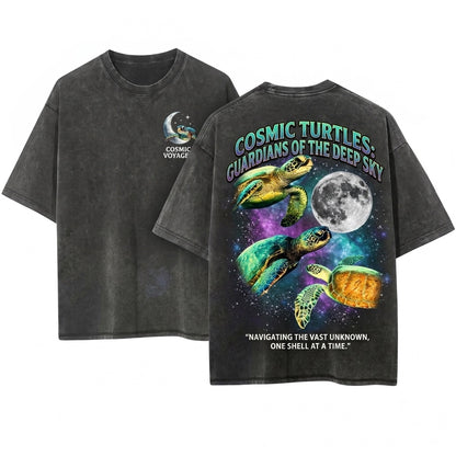 Three Sea Turtle Retro Vintage Moon Graphic Oversized Funny Gift Unisex Wash T-Shirt