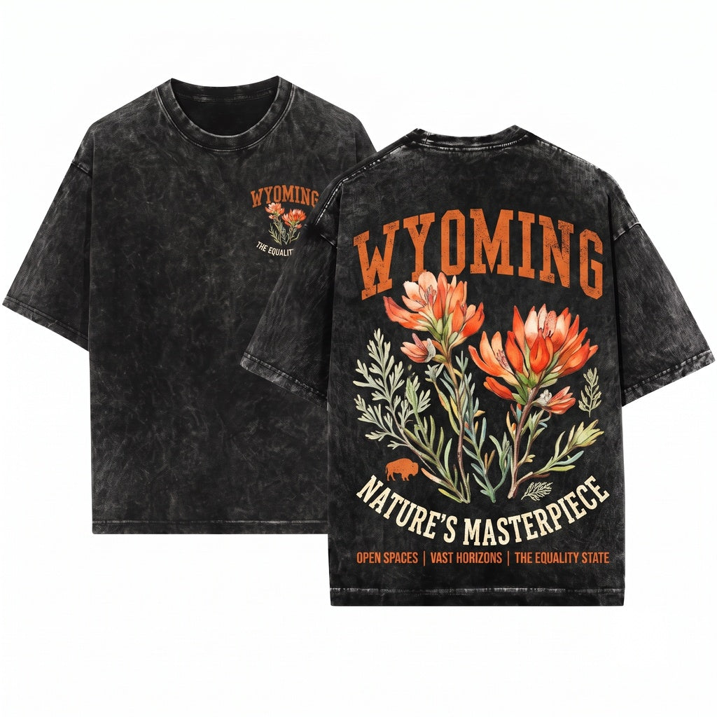 Wyoming State Flower Floral Crew Neck Indian Paintbrush Graphic Unisex Wash T-Shirt
